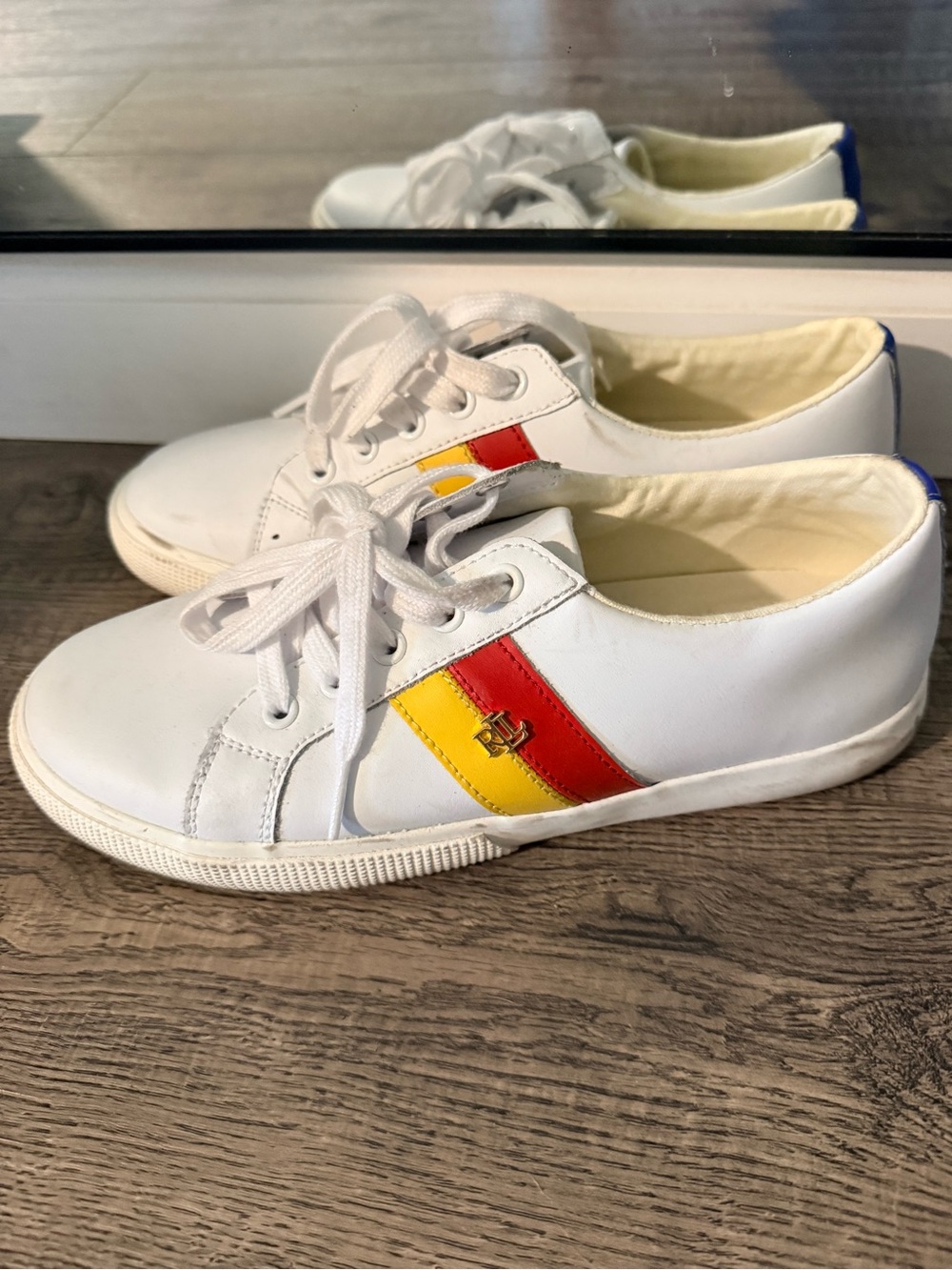 Ralph Lauren White Sneakers with Red & Yellow Side Stripes